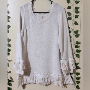 Reba Cream Fringe Hem & Cuff Crewneck Sweater